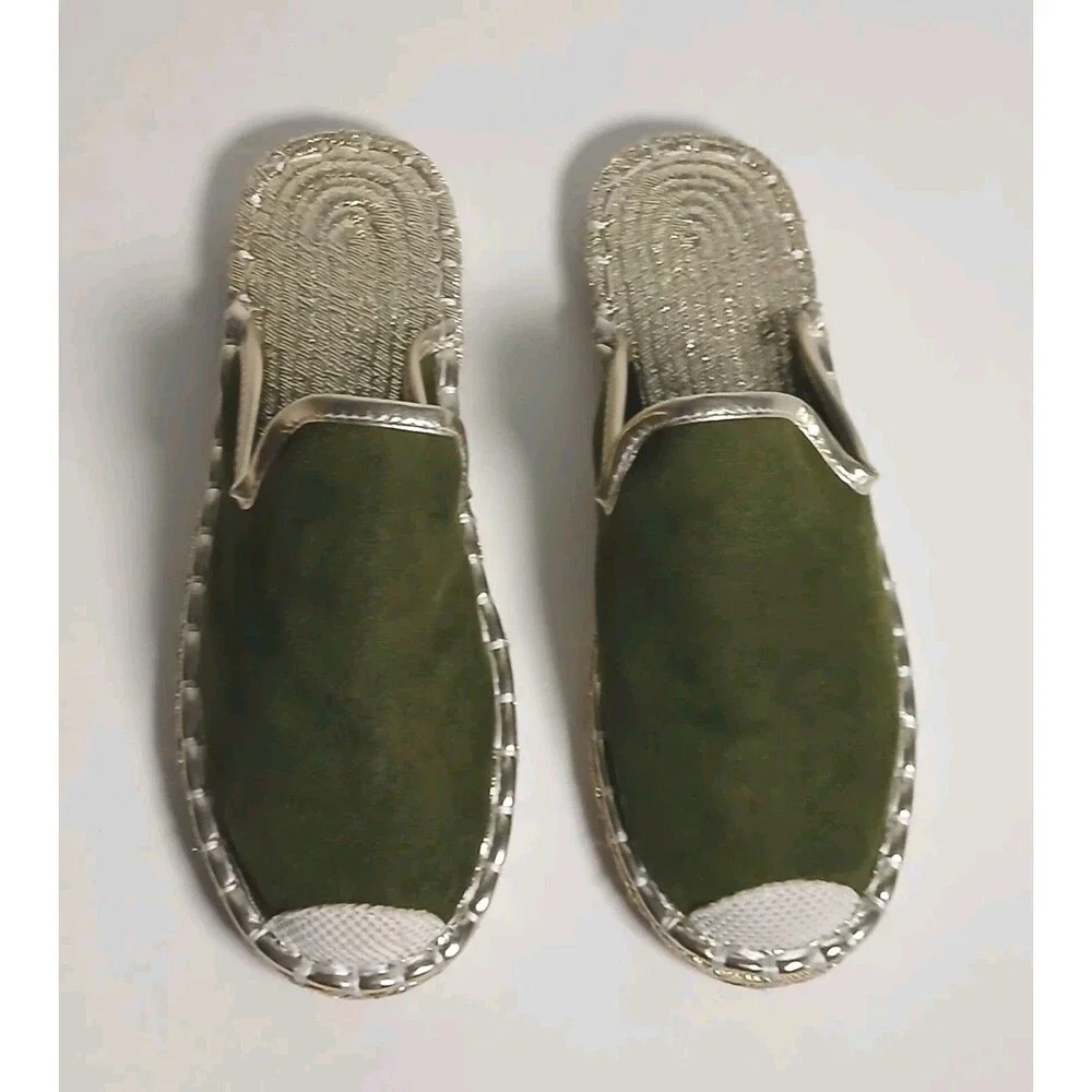 Olive Suede Espadrille Slip On Mules Gold Trim Boutique Boho Luxe Size 7